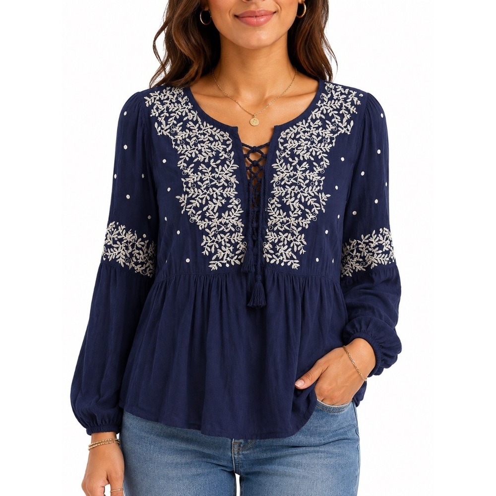 Solitaire Womens Navy Blue Embroidered Boho Peasant Blouse Top Size L